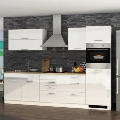 Küchenzeile Ragnar 290cm mit Backofen und Kühlschrank - Hochglanz weiß