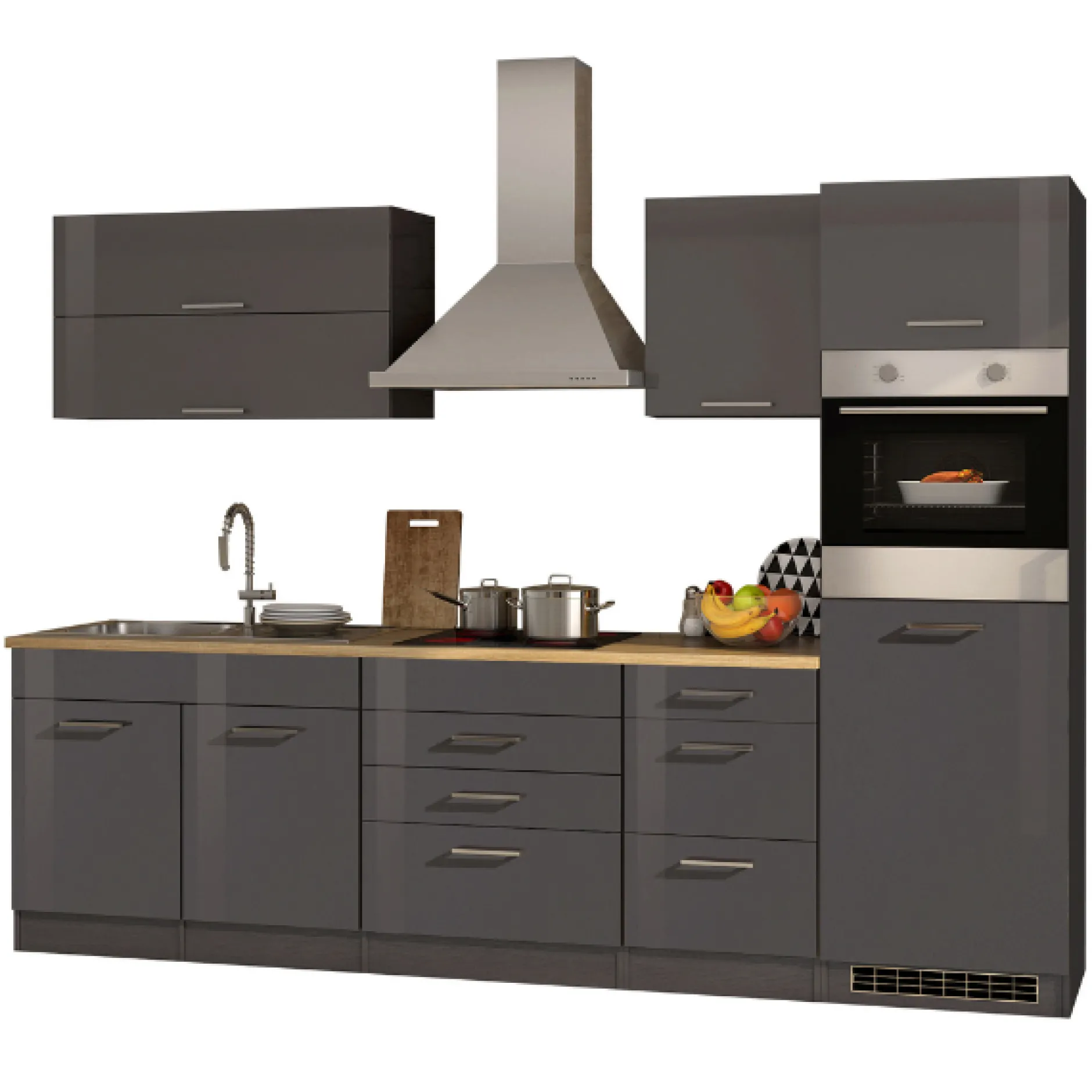 Küchenzeile Ragnar 290cm mit Backofen und Kühlschrank - Hochglanz anthrazit