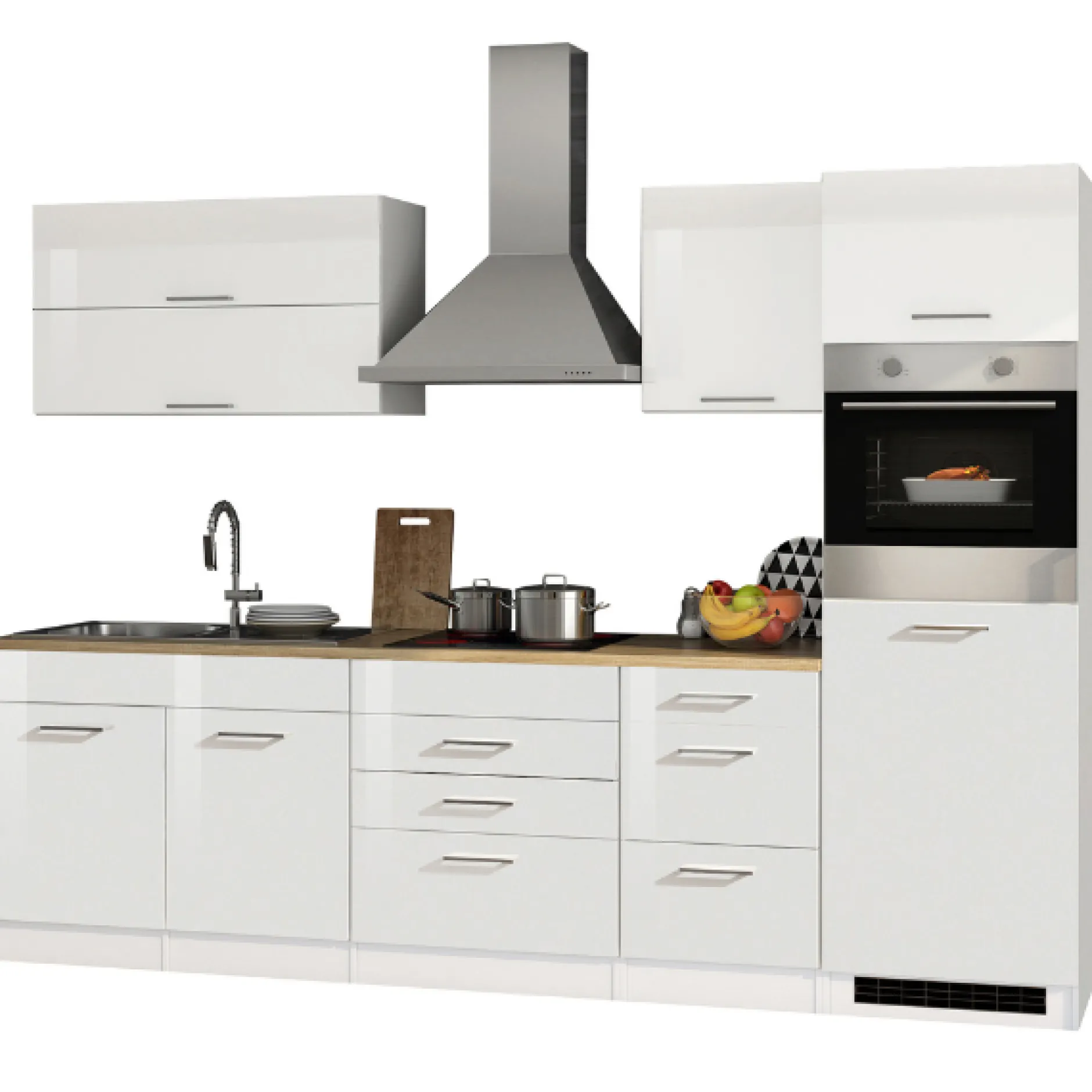 Küchenzeile Ragnar 290cm mit Backofen - Hochglanz weiß
