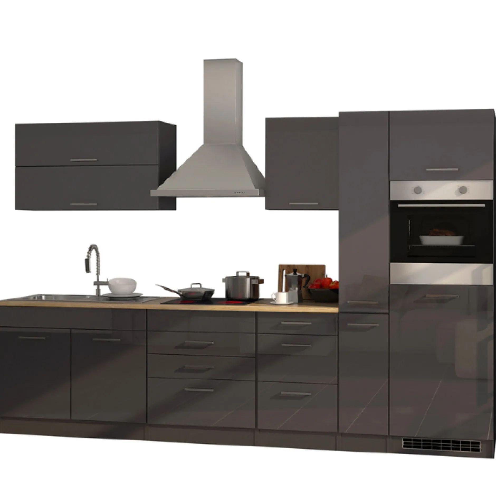 Küchenzeile Ragnar 320cm mit Backofen - Hochglanz anthrazit