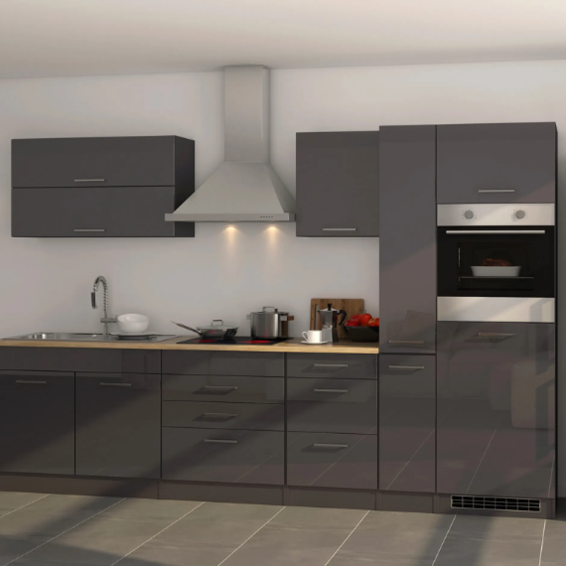 Küchenzeile Ragnar 320cm mit Backofen - Hochglanz anthrazit