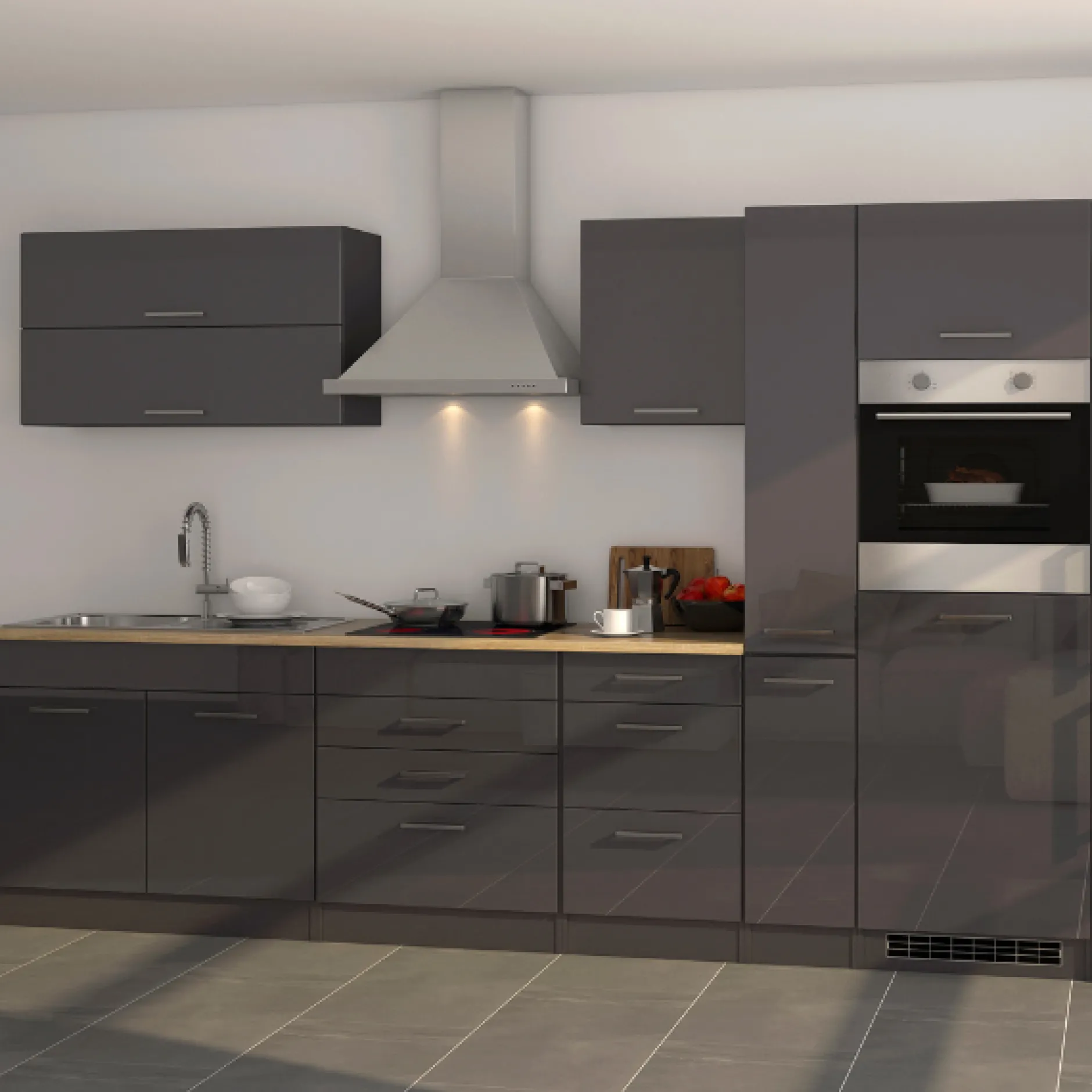 Küchenzeile Ragnar 320cm mit Backofen - Hochglanz anthrazit