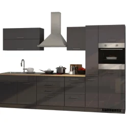 Küchenzeile Ragnar 320cm mit Backofen und Kühlschrank - Hochglanz anthrazit