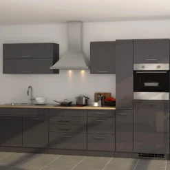 Küchenzeile Ragnar 320cm mit Backofen und Kühlschrank - Hochglanz anthrazit