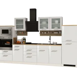 Küchenzeile Ragnar 330cm mit Backofen, Mikrowelle und Kühlschrank - Hochglanz weiß
