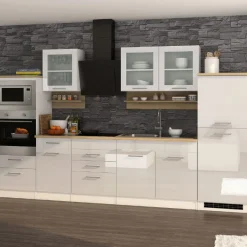 Küchenzeile Ragnar 330cm mit Backofen, Mikrowelle und Kühlschrank - Hochglanz weiß