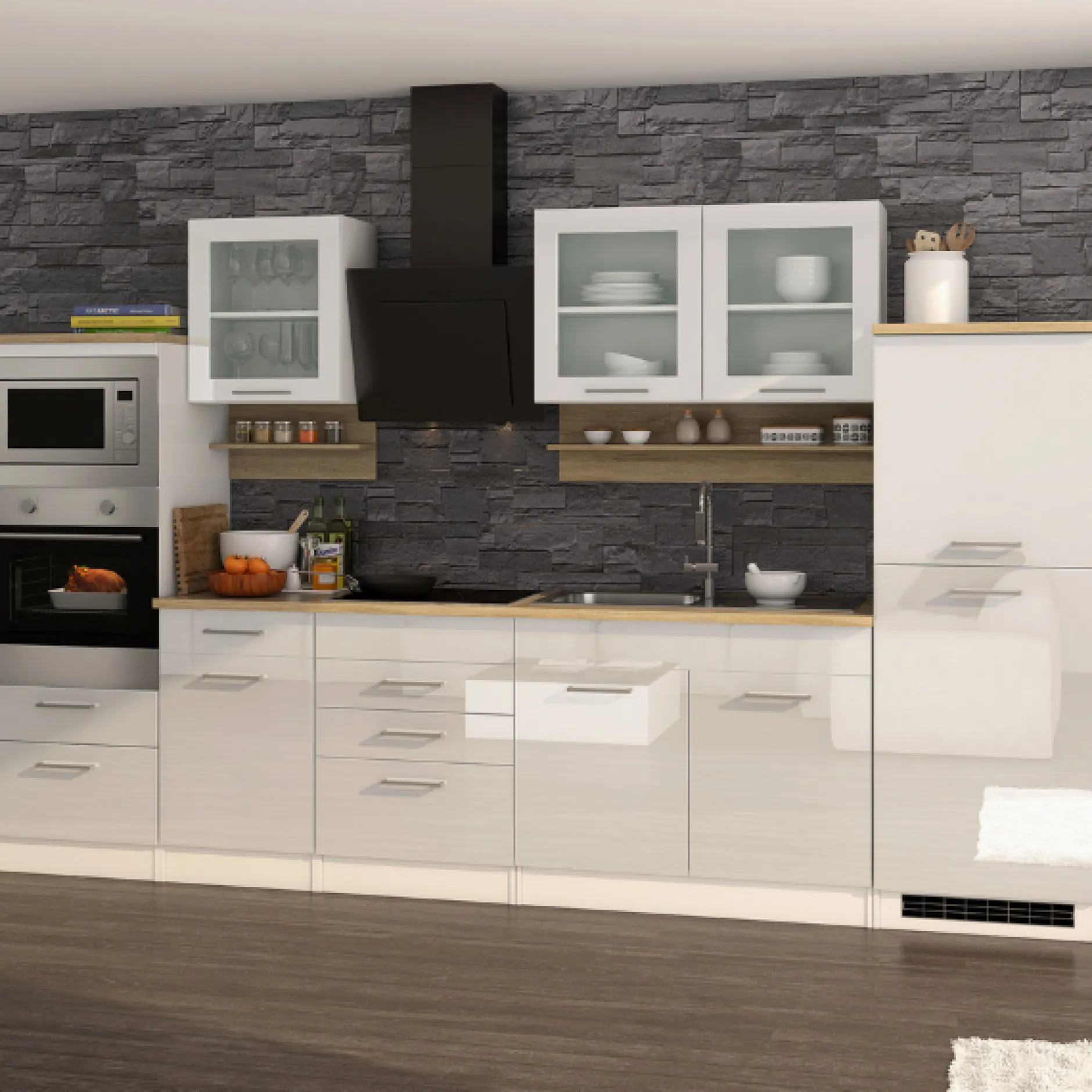 Küchenzeile Ragnar 330cm mit Backofen, Mikrowelle und Kühlschrank - Hochglanz weiß