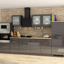 Küchenzeile Ragnar 330cm mit Backofen, Mikrowelle und Kühlschrank - Hochglanz anthrazit