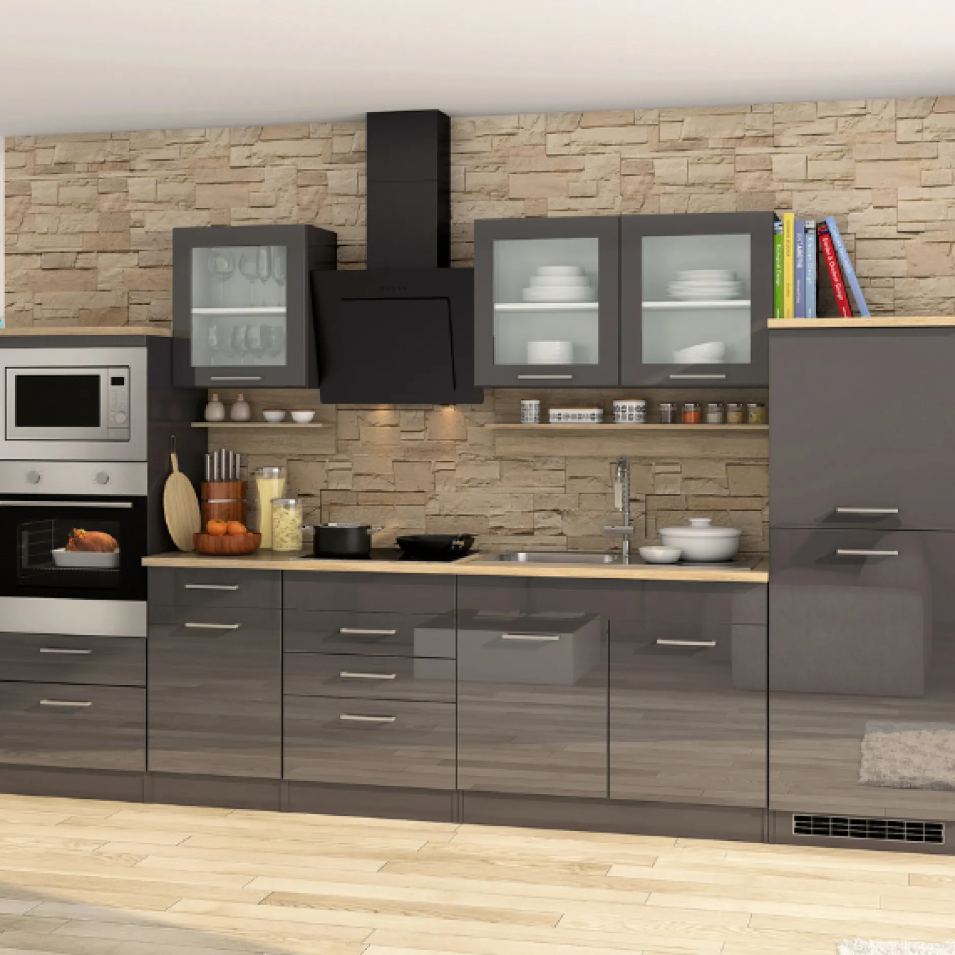 Küchenzeile Ragnar 330cm mit Backofen, Mikrowelle und Kühlschrank - Hochglanz anthrazit