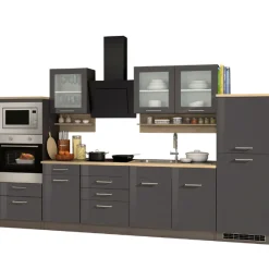 Küchenzeile Ragnar 330cm mit Backofen, Mikrowelle und Kühlschrank - Hochglanz anthrazit