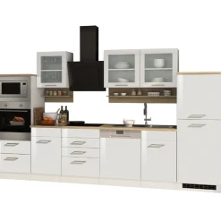 Küchenzeile Ragnar 340cm mit Backofen, Mikrowelle, Geschirrspüler und Kühlschrank - hochglänzend weiß