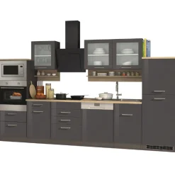 Küchenzeile Ragnar 340cm mit Backofen, Mikrowelle, Geschirrspüler und Kühlschrank - anthrazit hochglanz