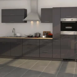 Küchenzeile Ragnar 320cm mit Backofen und Kühlschrank - Hochglanz anthrazit