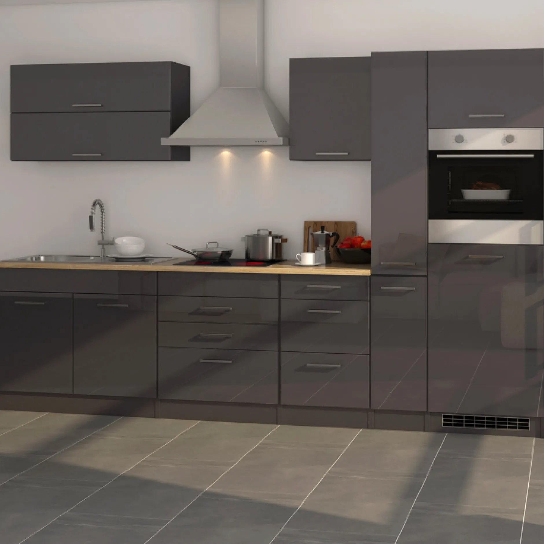 Küchenzeile Ragnar 320cm mit Backofen und Kühlschrank - Hochglanz anthrazit