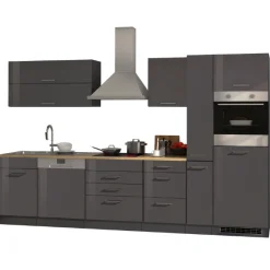 Küchenzeile Ragnar 330cm mit Backofen und Geschirrspüler - Hochglanz anthrazit