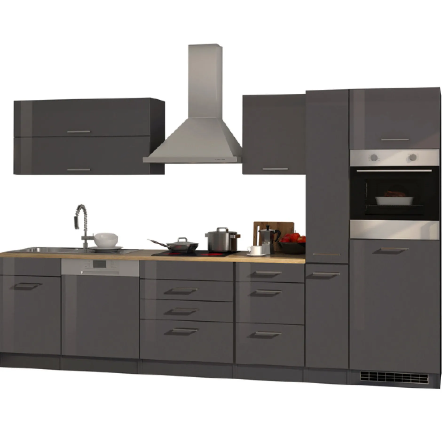Küchenzeile Ragnar 330cm mit Backofen und Geschirrspüler - Hochglanz anthrazit