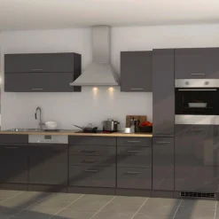 Küchenzeile Ragnar 330cm mit Backofen und Geschirrspüler - Hochglanz anthrazit