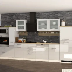 Küchenzeile Ragnar 370cm mit Backofen, Mikrowelle, Geschirrspüler und Kühlschrank - hochglänzend weiß