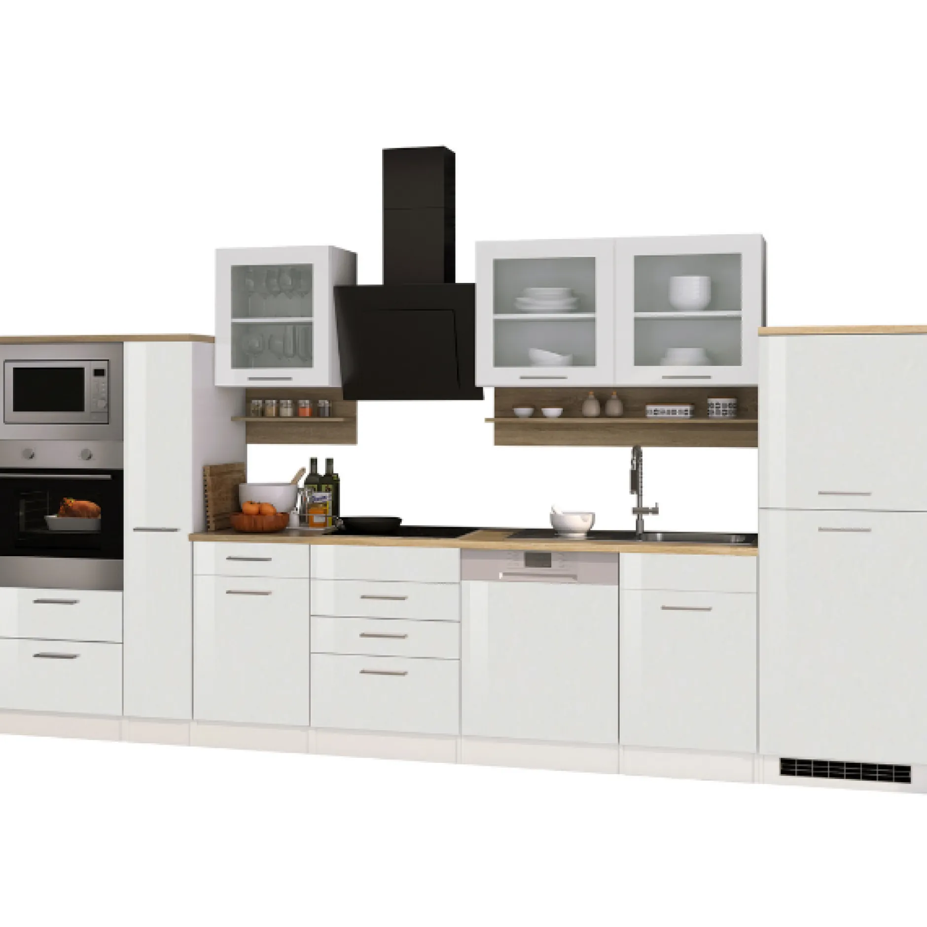 Küchenzeile Ragnar 370cm mit Backofen, Mikrowelle, Geschirrspüler und Kühlschrank - hochglänzend weiß