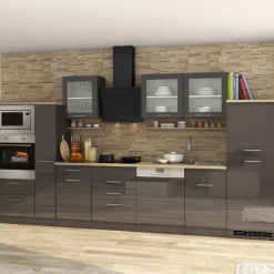 Küchenzeile Ragnar 370cm mit Backofen, Mikrowelle, Geschirrspüler und Kühlschrank - anthrazit hochglanz