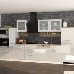 Küchenzeile Ragnar 370cm mit Backofen, Mikrowelle, Geschirrspüler und Kühlschrank - hochglänzend weiß