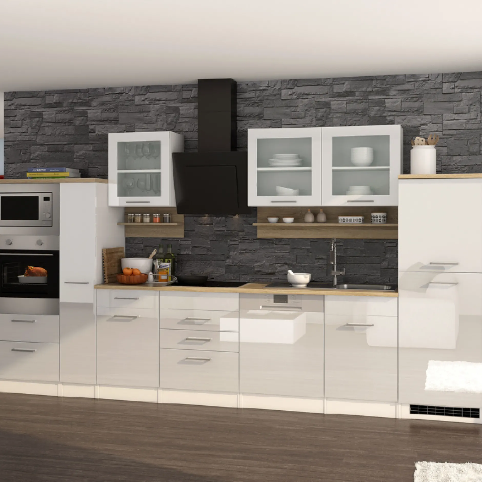 Küchenzeile Ragnar 370cm mit Backofen, Mikrowelle, Geschirrspüler und Kühlschrank - hochglänzend weiß