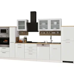 Küchenzeile Ragnar 370cm mit Backofen, Mikrowelle, Geschirrspüler und Kühlschrank - hochglänzend weiß