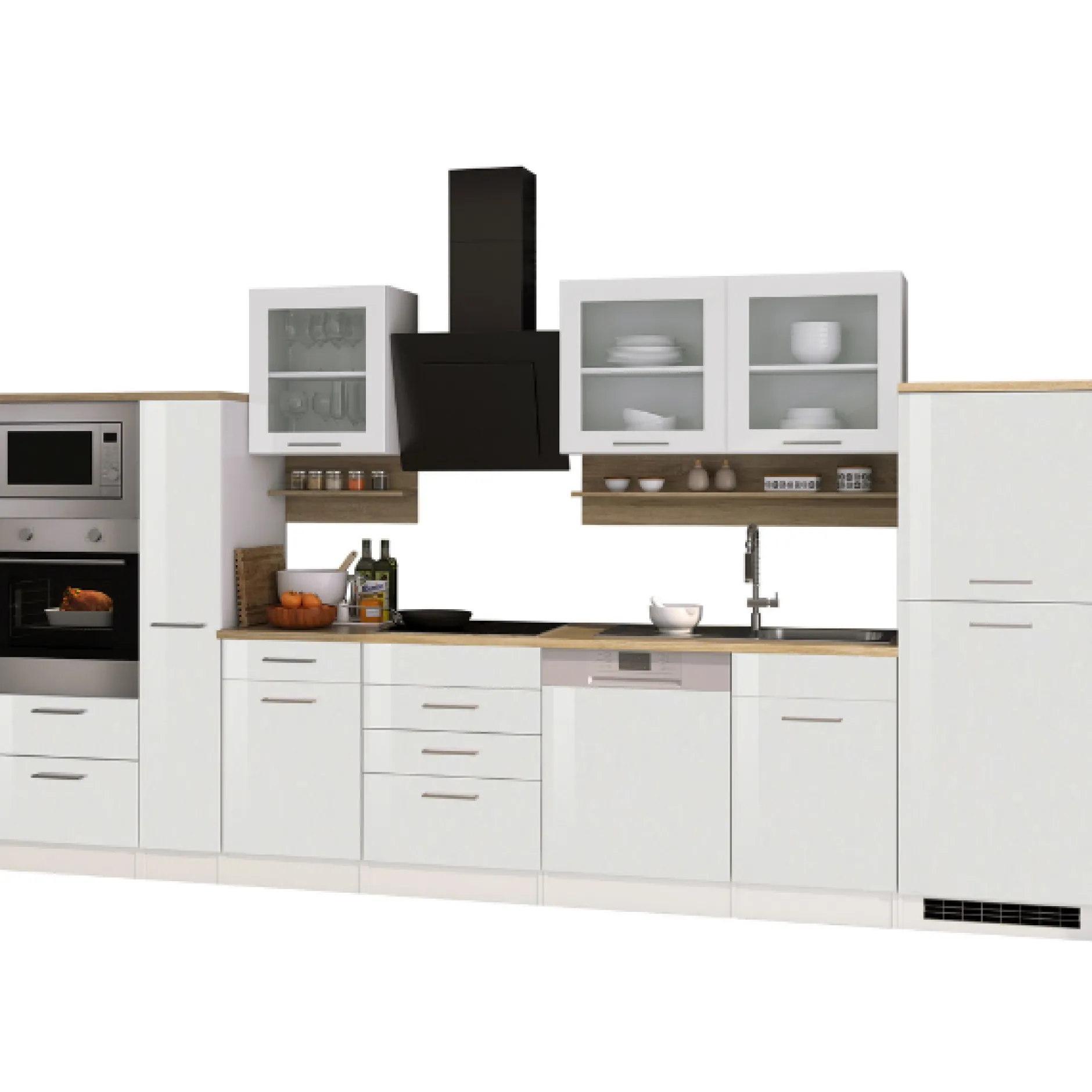 Küchenzeile Ragnar 370cm mit Backofen, Mikrowelle, Geschirrspüler und Kühlschrank - hochglänzend weiß