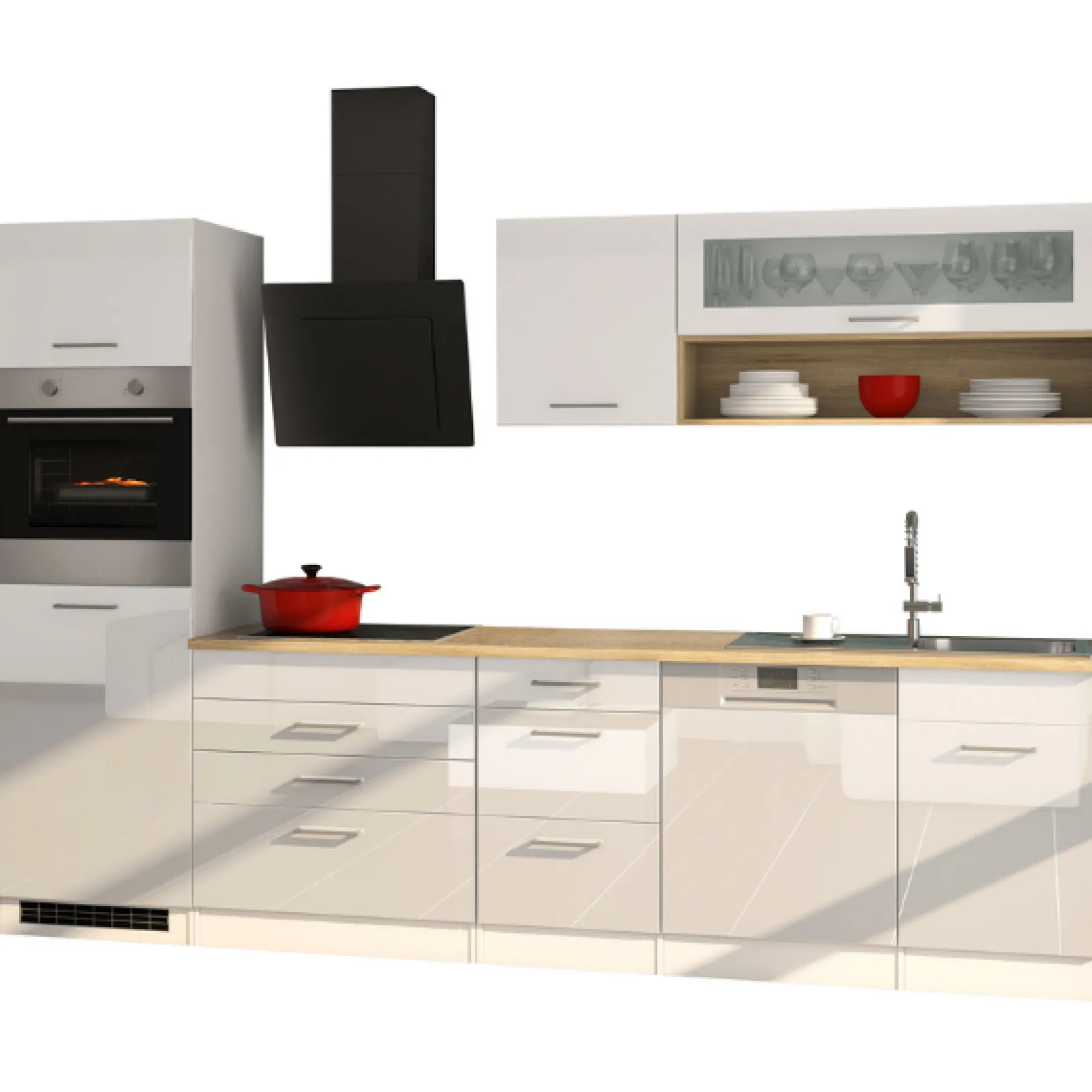 Küchenzeile Ragnar 300cm mit Geschirrspüler, Backofen und Kühlschrank - hochglänzend weiß