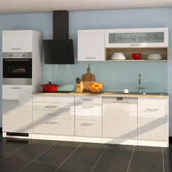Küchenzeile Ragnar 300cm mit Geschirrspüler, Backofen und Kühlschrank - hochglänzend weiß