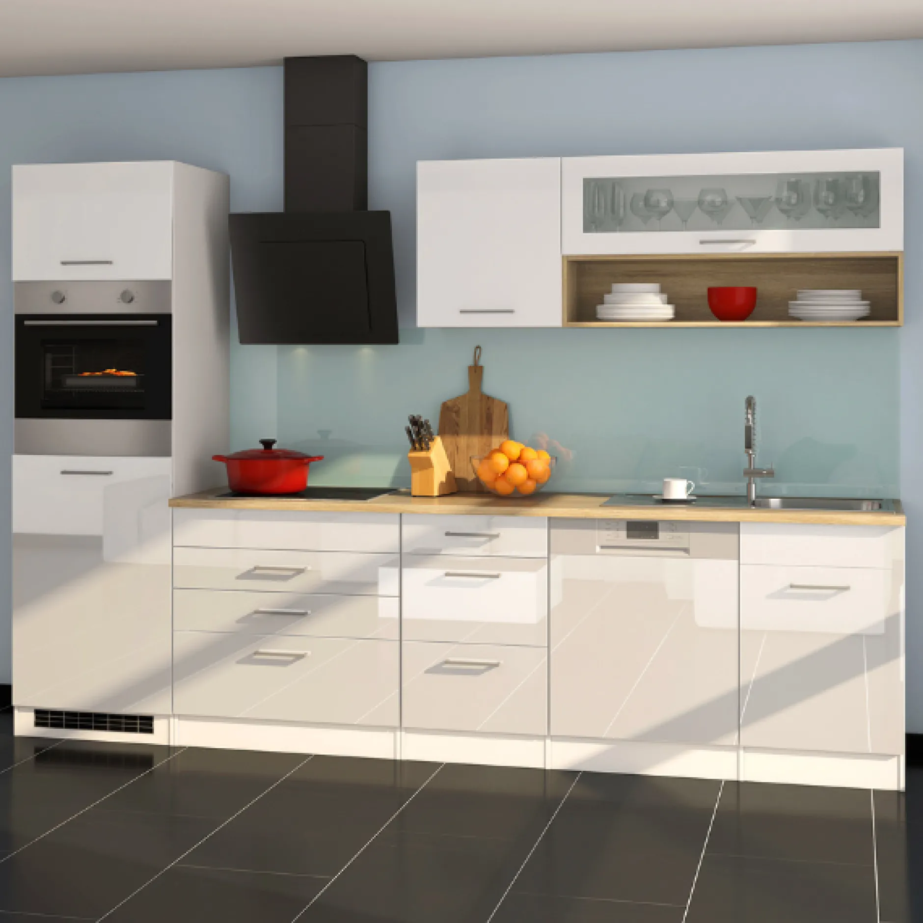 Küchenzeile Ragnar 300cm mit Geschirrspüler, Backofen und Kühlschrank - hochglänzend weiß