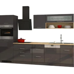 Küchenzeile Ragnar 300cm mit Geschirrspüler, Backofen und Kühlschrank - Hochglanz anthrazit