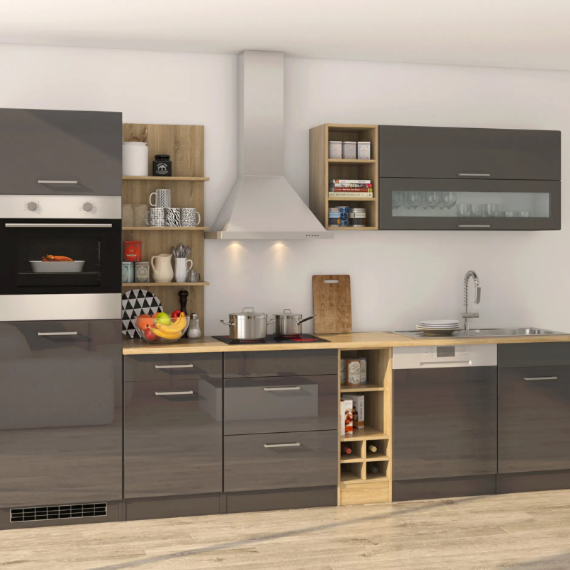 Küchenzeile Ragnar 310cm mit Geschirrspüler, Backofen und Kühlschrank - Hochglanz anthrazit