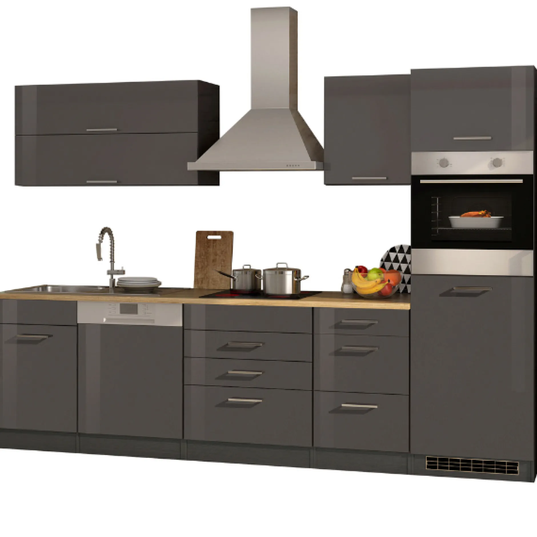 Küchenzeile Ragnar 300cm mit Geschirrspüler und Backofen - Hochglanz anthrazit