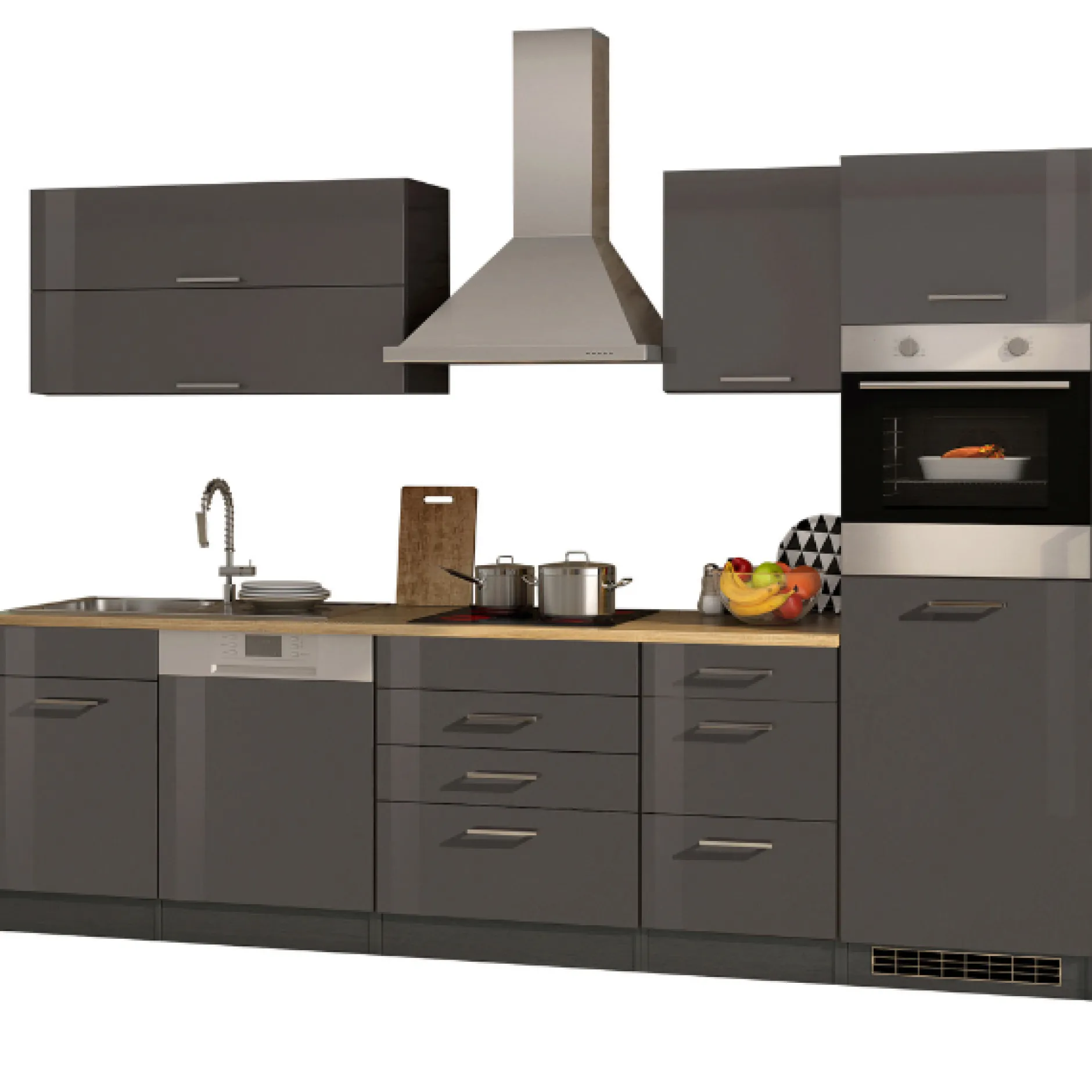 Küchenzeile Ragnar 300cm mit Geschirrspüler und Backofen - Hochglanz anthrazit