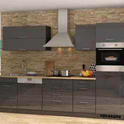 Küchenzeile Ragnar 300cm mit Geschirrspüler und Backofen - Hochglanz anthrazit