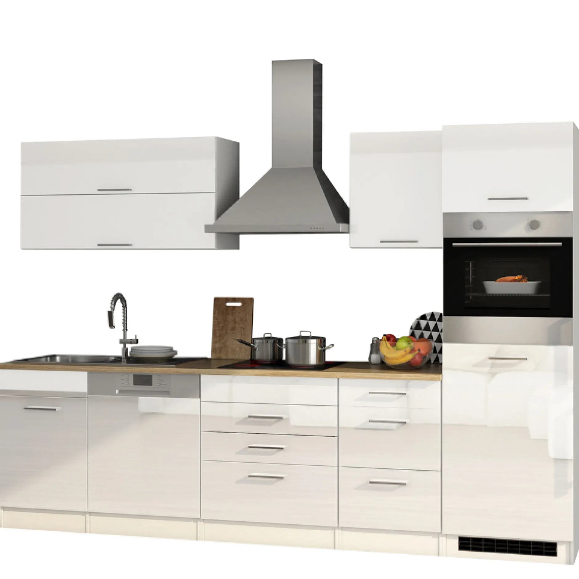 Küchenzeile Ragnar 300cm mit Geschirrspüler, Kühlschrank und Backofen - hochglänzend weiß