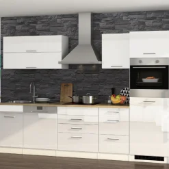 Küchenzeile Ragnar 300cm mit Geschirrspüler, Kühlschrank und Backofen - hochglänzend weiß