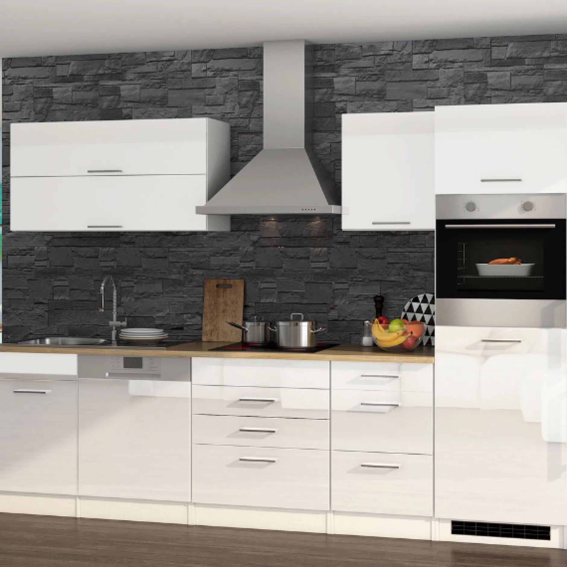 Küchenzeile Ragnar 300cm mit Geschirrspüler, Kühlschrank und Backofen - hochglänzend weiß