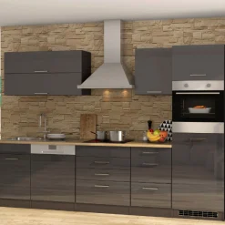 Küchenzeile Ragnar 300cm mit Geschirrspüler, Kühlschrank und Backofen - Hochglanz anthrazit