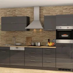 Küchenzeile Ragnar 300cm mit Geschirrspüler, Kühlschrank und Backofen - Hochglanz anthrazit