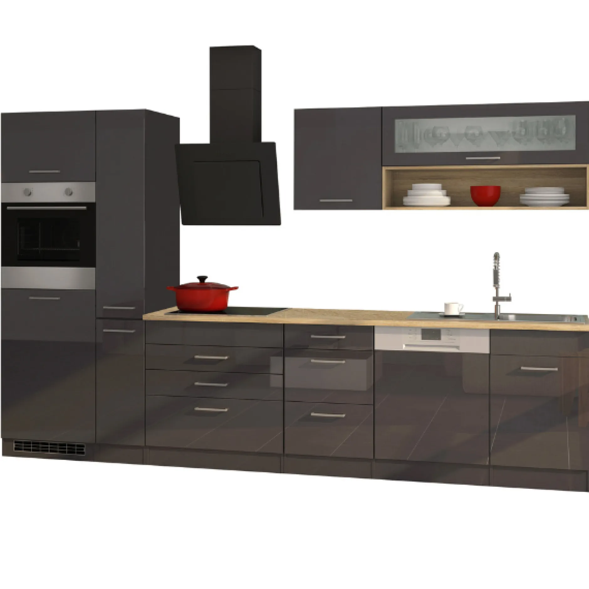 Küchenzeile Ragnar 330cm mit Geschirrspüler, Backofen und Kühlschrank - Hochglanz anthrazit
