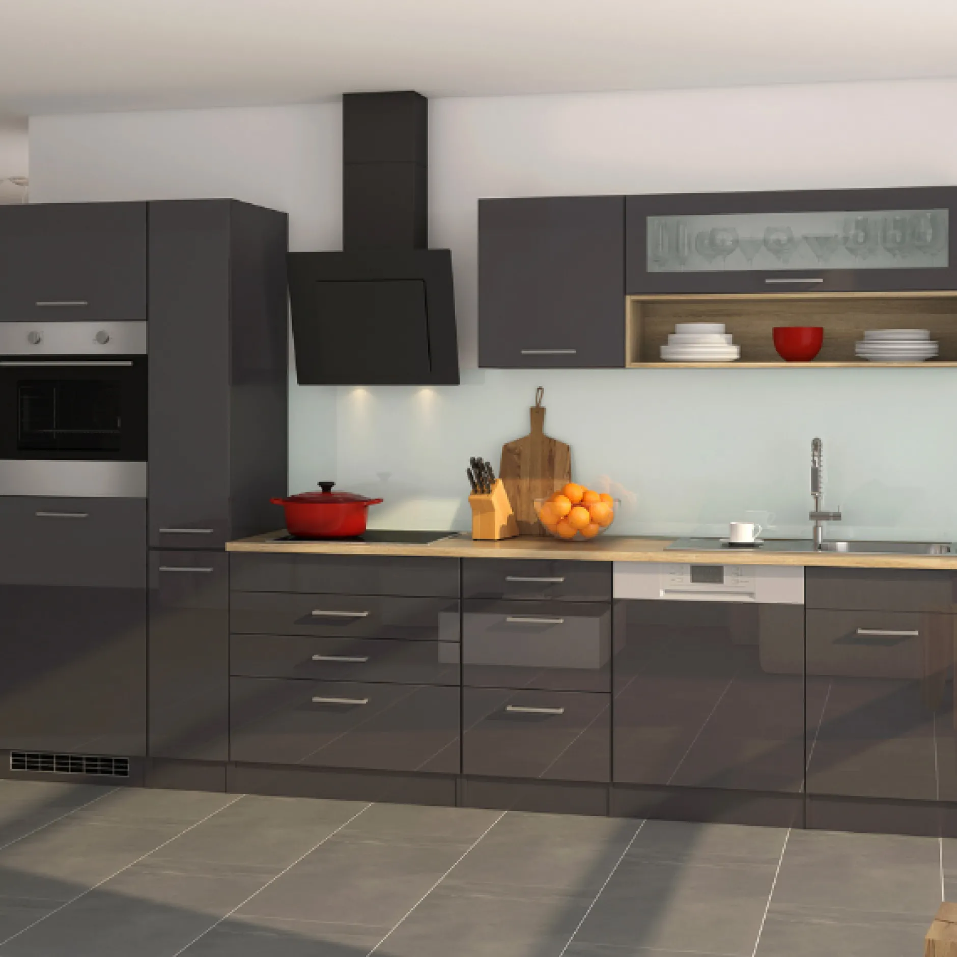 Küchenzeile Ragnar 330cm mit Geschirrspüler, Backofen und Kühlschrank - Hochglanz anthrazit