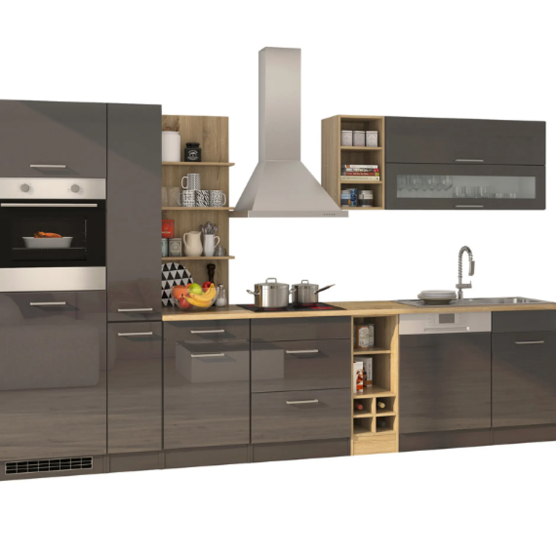 Küchenzeile Ragnar 340cm mit Geschirrspüler, Backofen und Kühlschrank - Hochglanz anthrazit