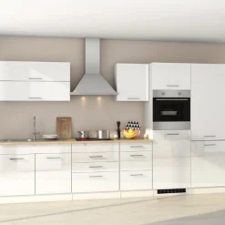 Küchenzeile Ragnar 350cm mit Kühl-Gefrierkombination und Backofen - Hochglanz weiß