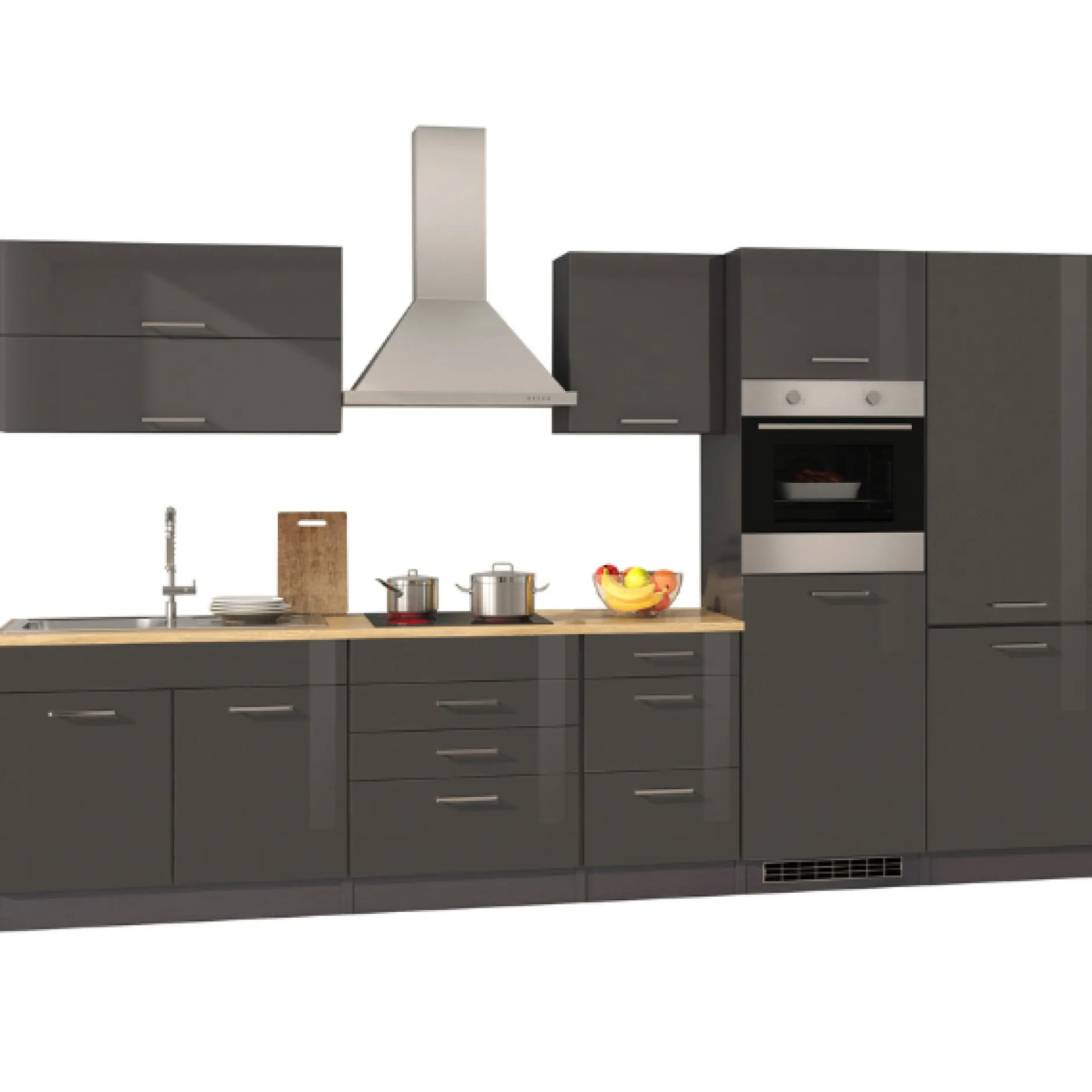Küchenzeile Ragnar 350cm mit Kühl-Gefrierkombination und Backofen - Hochglanz anthrazit