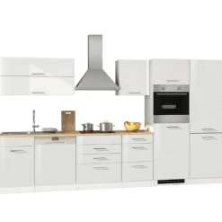 Küchenzeile Ragnar 360cm mit Kühl-Gefrierkombination, Backofen und Geschirrspüler - Hochglanz weiß