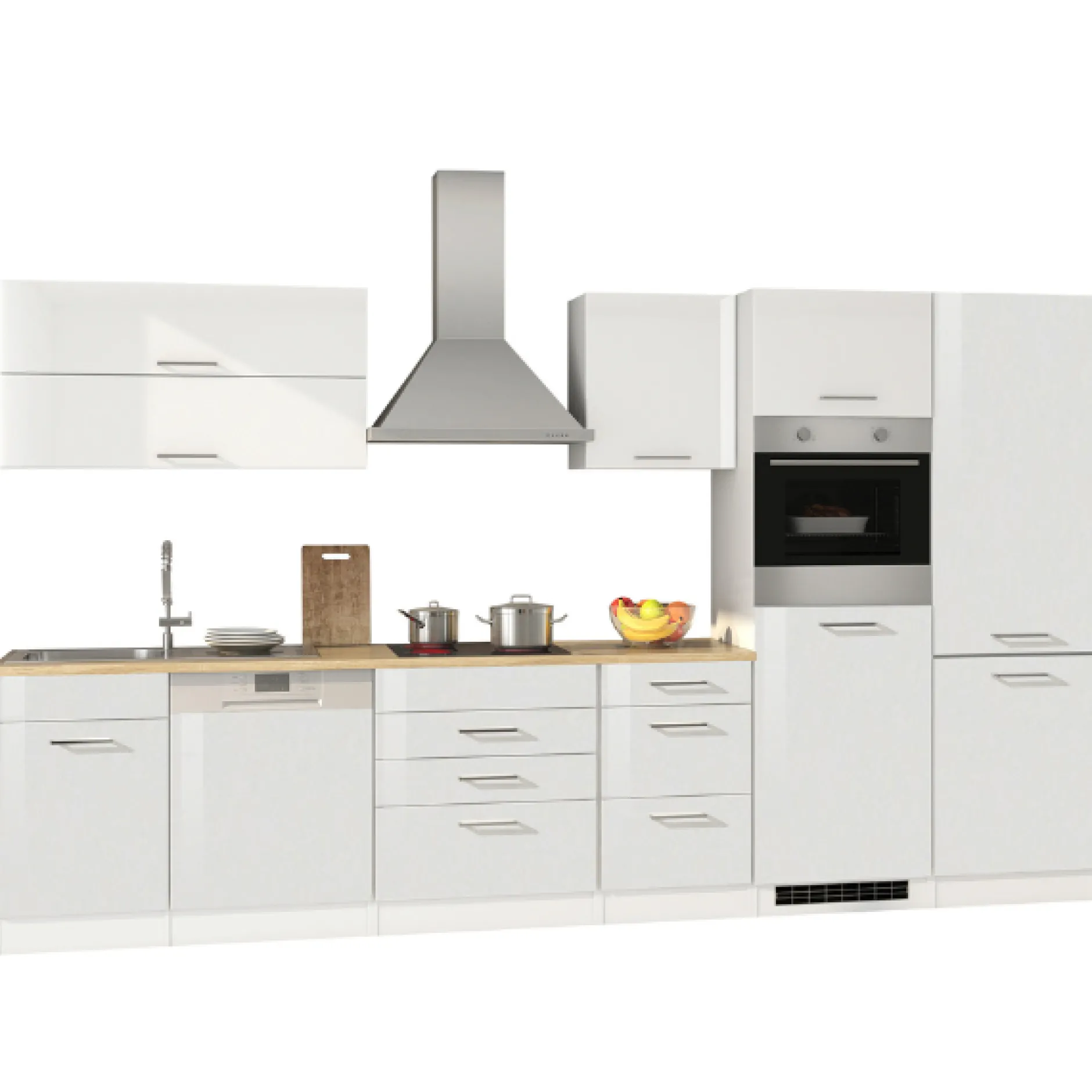 Küchenzeile Ragnar 360cm mit Kühl-Gefrierkombination, Backofen und Geschirrspüler - Hochglanz weiß