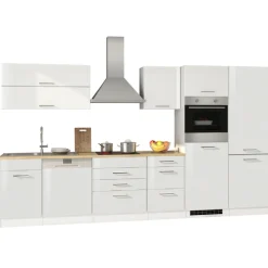 Küchenzeile Ragnar 360cm mit Kühl-Gefrierkombination, Backofen und Geschirrspüler - Hochglanz weiß