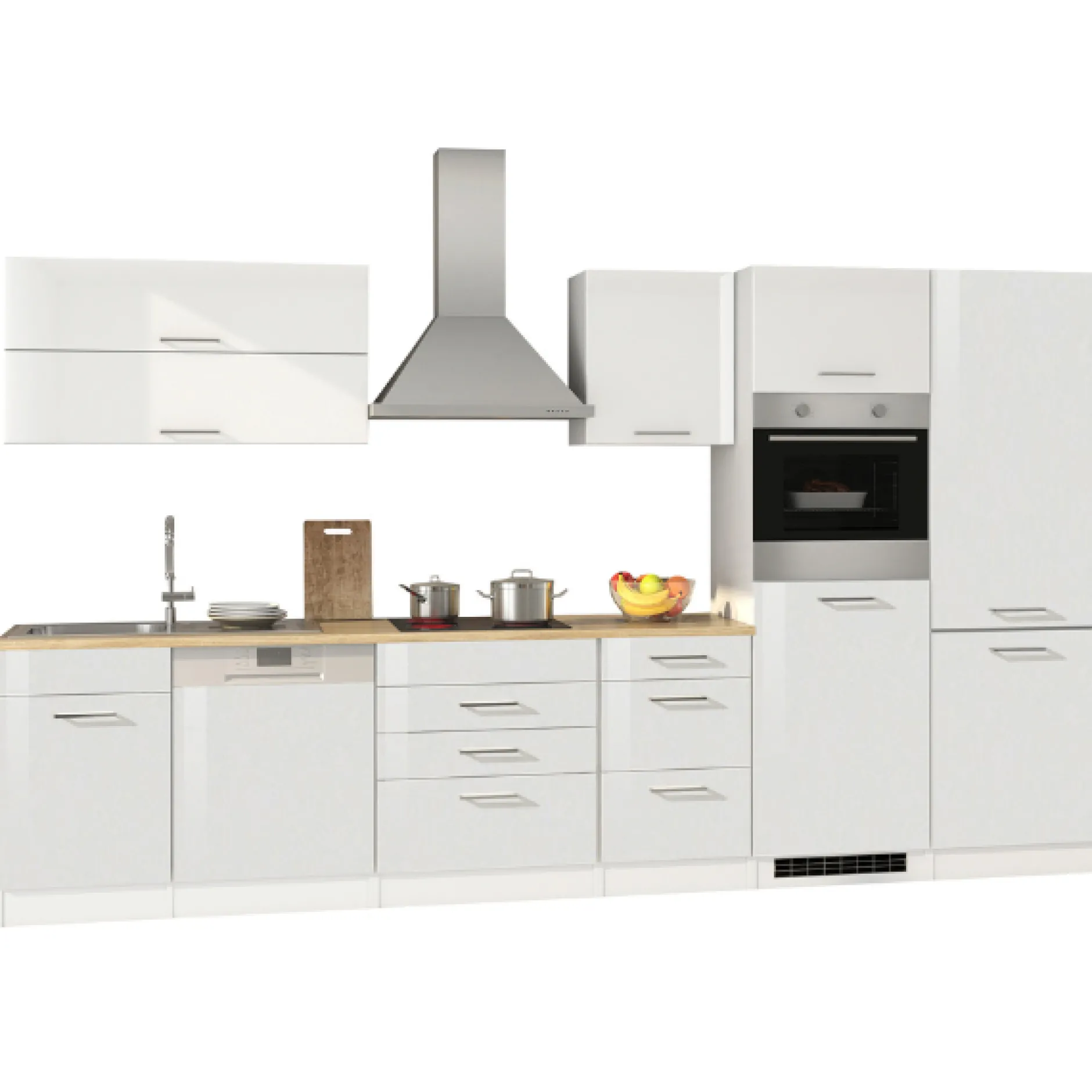 Küchenzeile Ragnar 360cm mit Kühl-Gefrierkombination, Backofen und Geschirrspüler - Hochglanz weiß